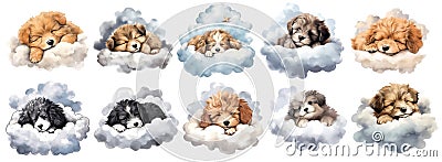 set of cute puppy sleeping on cloud on white background, generated ai Stock Photo