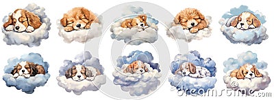 set of cute puppy sleeping on cloud on white background, generated ai Stock Photo