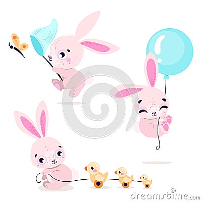 Set of cute rabbits with baloon, butterfly and ducks. Collection of bunny isolated on white background. Vector Illustration