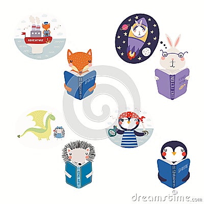 Set of cute reading animals Vector Illustration