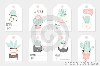 Set of 8 cute ready-to-use gift romantic cards with cups. Vector Illustration