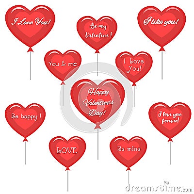 Set of cute red hearts of balloons with different congratulations on Valentine`s Day . Vector Illustration