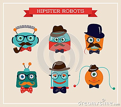 Set of cute retro hipster robots heads Vector Illustration