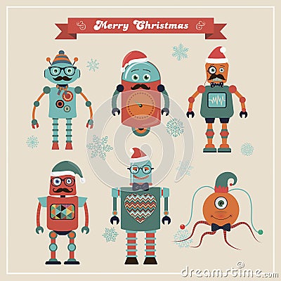 Set of Cute Retro Vintage Hipster Christmas Robots. Vector Illustration