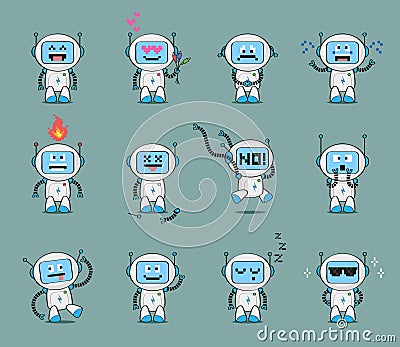 Set of cute robot character in different poses and with various emotions. Vector Illustration