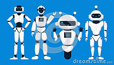Set of cute robots, chatbots, AI bots characters design vector. AI technology and cyber characters. Futuristic technology service Vector Illustration