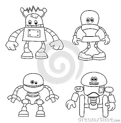 Cute Robots Kids Coloring Cartoon Characters Vector Illustration