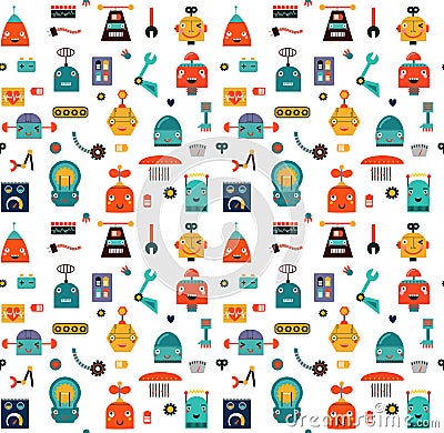 Set cute robots seamless pattern Vector Illustration