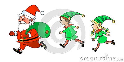 Set of cute running little Christmas Elves and Santa Claus. Vector hand drawn outline color Cartoon characters Vector Illustration