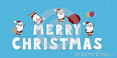 Set of cute santa claus character with big word MERRY CHRISTMAS. Vector Illustration