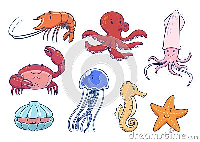 Set of cute sea animals. Vector illustration. Vector Illustration