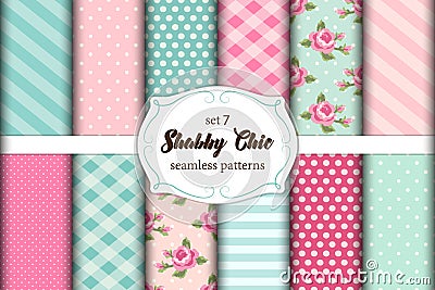 Set of 12 cute seamless Shabby Chic patterns with roses, polka dots. stripes and plaid Vector Illustration