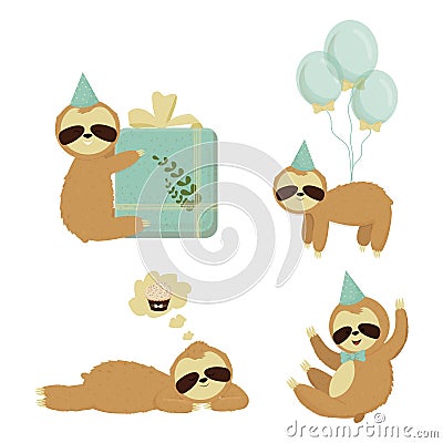 Set cute sloth characters, birthday, greeting concept. Bright and colourful bear isolated on white background with funny hat, bow Cartoon Illustration