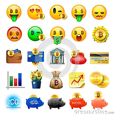 Set of cute smiley emoticons, emoji design, bicoin, business, crypto currency icons, vector ilustration. Vector Illustration