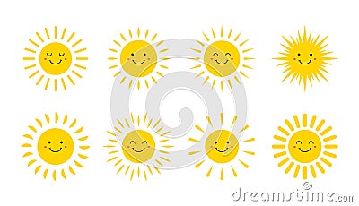 Set of cute smiling suns. Smile Sun. Emoji. Summer sun. Vector illustration Cartoon Illustration