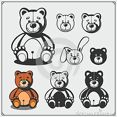 Set of cute soft plush animal toys. Teddy and rabbit. Vector. Vector Illustration