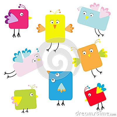 Set of cute square cartoon birds Vector Illustration