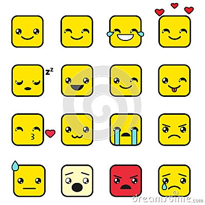 Set of cute square kawaii emojis Vector Illustration