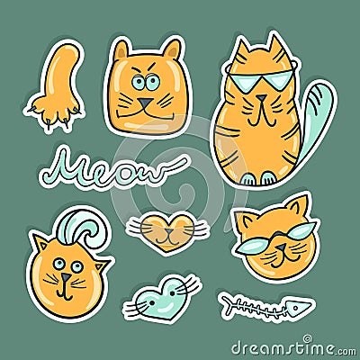 Set Cute sticker doodle cats. Colorful patch badges animals. Cartoon Illustration