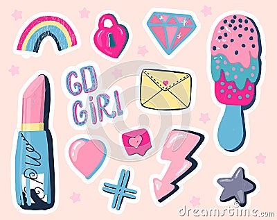 A set of cute stickers for girls. Stickers for diary and notebook. Vector illustration Vector Illustration