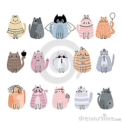 Set of cute stylized cartoon cats. Funny animals. Adorable heroes and characters Vector Illustration