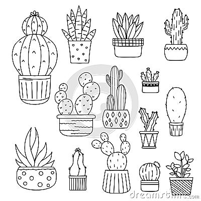 Set of cute succulents. Kawaii cactus. Black and white doodle illustration Vector Illustration