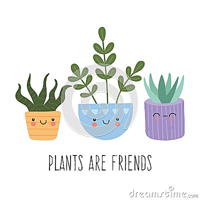 Set of cute succulents cactus with smiling funny faces Vector Illustration