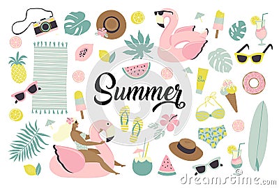 Set of cute summer icons food, drinks, ice cream, fruits, sunglasses, palm leaves and flamingo inflatable swimming pool Vector Illustration