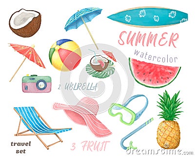 Set of cute summer icons: food, drinks, palm leaves, fruits. Bright summertime poster. Collection of scrapbooking Stock Photo