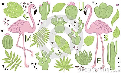 Set of cute summer icons: green tropical leaves, cactus and flamingo. Bright summertime poster. Collection of scrapbooking element Stock Photo