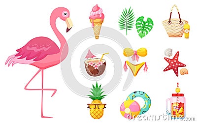 Set of cute summer illustrations: food, drinks, shells, fruits, beach accessories and flamingo. Summertime. Collection of elements Vector Illustration