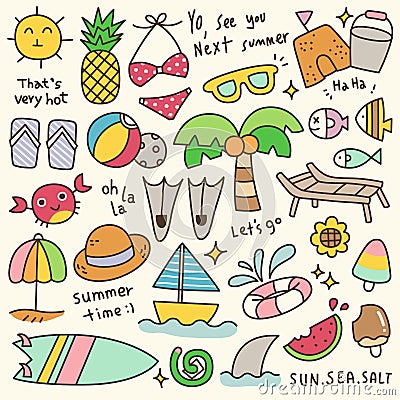 Set of Cute Summer Time Doodle Vector Illustration Vector Illustration