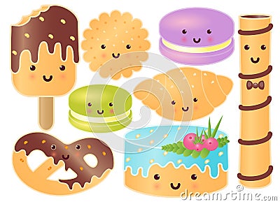 Set Of Cute Sweets. Croissant, Pretzel, Cupcake, Icecream, Macaroons, Sweet Steak, Cookie. Vector Illustration