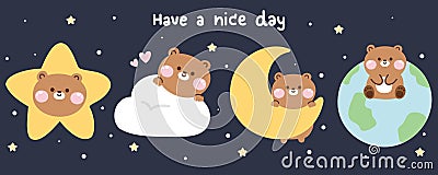 Set of cute teddy bear in various poses in night sky concept.Wild animal character cartoon Vector Illustration