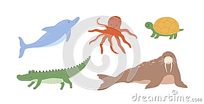 Set of cute underwater animals. Octopus, dolphin, turtle, crocodile and walrus. Collection of marine mammals isolated on Vector Illustration