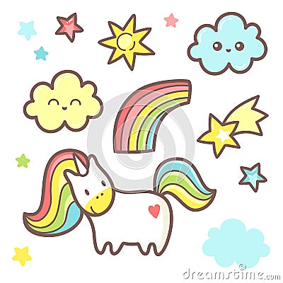 Set with cute unicorn graphic. Rainbow, cloud, stars and comet. Vector Illustration