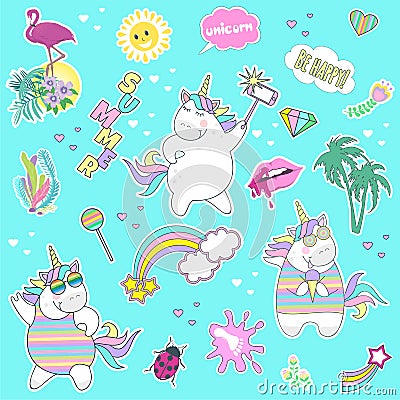 Set of cute unicorn icons, rainbow and stars. Baby stickers vector, cartoon design Stock Photo