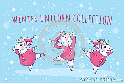 Set with cute unicorn skates with a Santa Claus coat and hat on blue background with snowflakes Vector Illustration