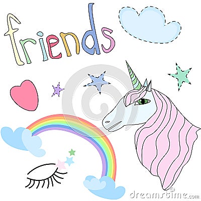 Set of Cute Unicorn, Stars, Rainbow,Heart on White Background Vector Illustration Vector Illustration