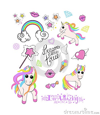 A set of 3 cute unicorns with decorative elements and inscription Vector Illustration