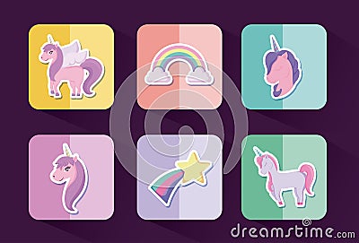 Set of cute unicorns fairy tale Vector Illustration
