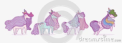 Set of cute unicorns fantasy magic cartoon Vector Illustration