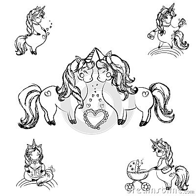 Set of cute unicorns,hand drawn isolated on white background Cartoon Illustration