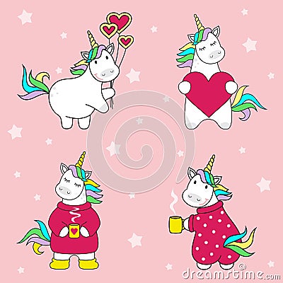 Set of cute unicorn icons with balls, with a cup of tea, with a heart, rainbow and stars, child illustration, cartoon desig Stock Photo