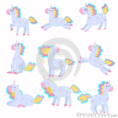 Set of cute unicorns playing, running with a beautiful multi-colored mane. Cartoon Illustration