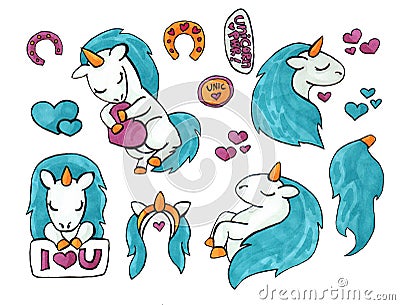 Set of cute unicorns for stickers. marker art on white background Stock Photo