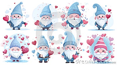 set of cute Valentine gnome Clipart, cute Valentine gnome Sticker, generated ai Stock Photo