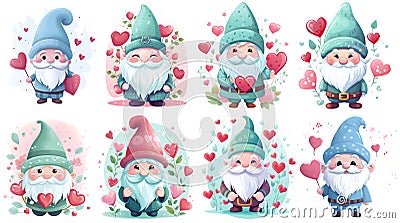 set of cute Valentine gnome Clipart, cute Valentine gnome Sticker, generated ai Stock Photo