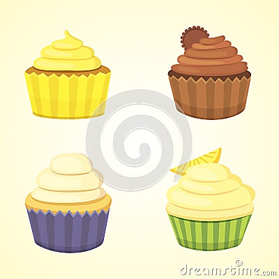 Set of cute vector cupcakes and muffins. Colorful cupcake for food poster design. Vector Illustration