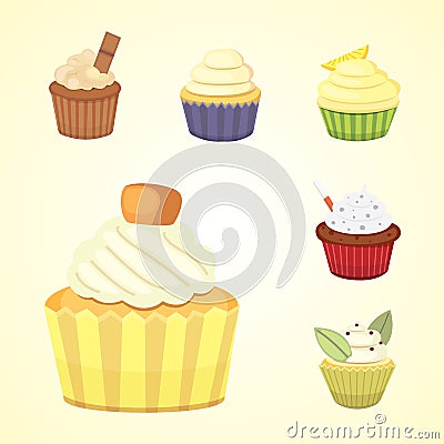 Set of cute vector cupcakes and muffins. Colorful cupcake for food poster design. Vector Illustration